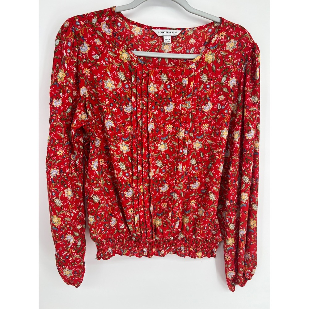 Counterparts Red Floral Paisley Long Sleeve Smocked Hem‎ Blouse Large 912P810HA